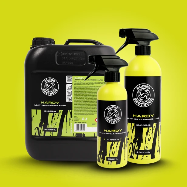 Pełna gama pojemności Hardy Leather Cleaner: 500ml, 1L oraz kanister 5L do ciężkich zabrudzeń.