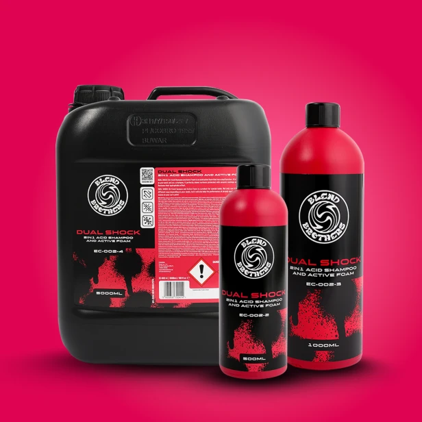 Rodzina produktów Dual Shock: kwaśny szampon i piana w pojemnościach 500ml, 1L, 5L.