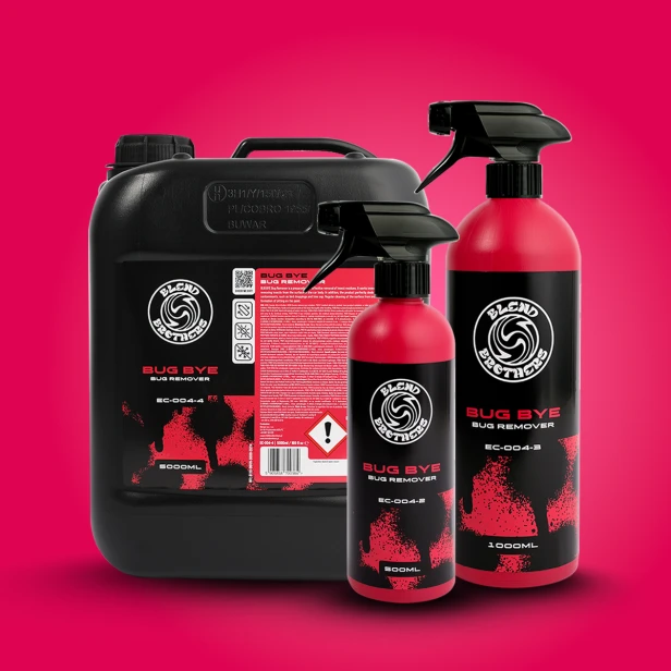 Pełna rodzina produktów Bug Bye od Blend Brothers: dostępne pojemności 500ml, 1L oraz 5L.