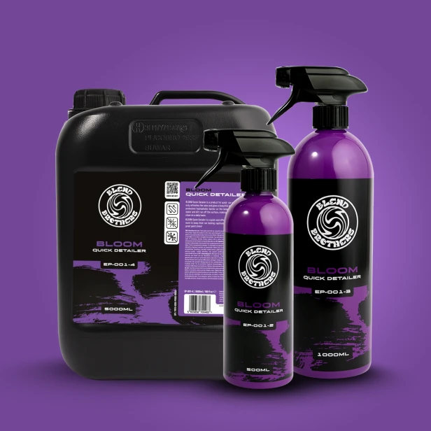 Pełna gama pojemności BLOOM Quick Detailer: butelki 500ml, 1L oraz zbiornik 5L