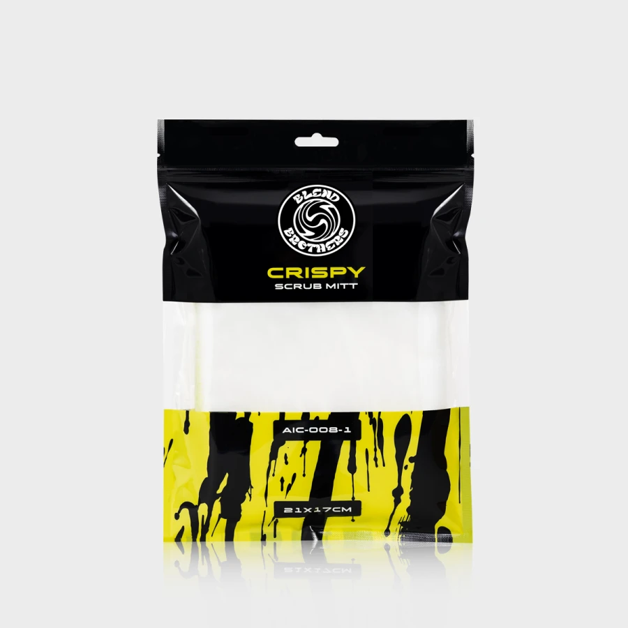 Profesjonalny packshot rękawicy Crispy 1 sztuka wraz z czarnym opakowaniem na jasnym tle.