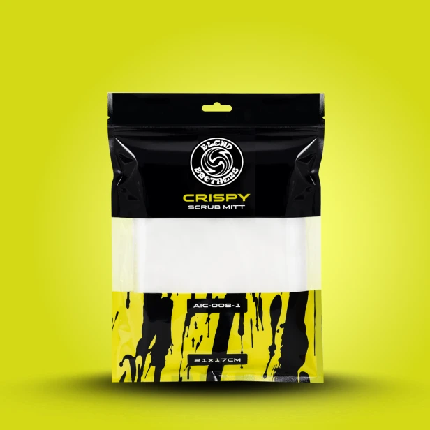 Front opakowania strunowego rękawicy Crispy 1 sztuka z limonkowymi detalami i logo Blend Brothers.
