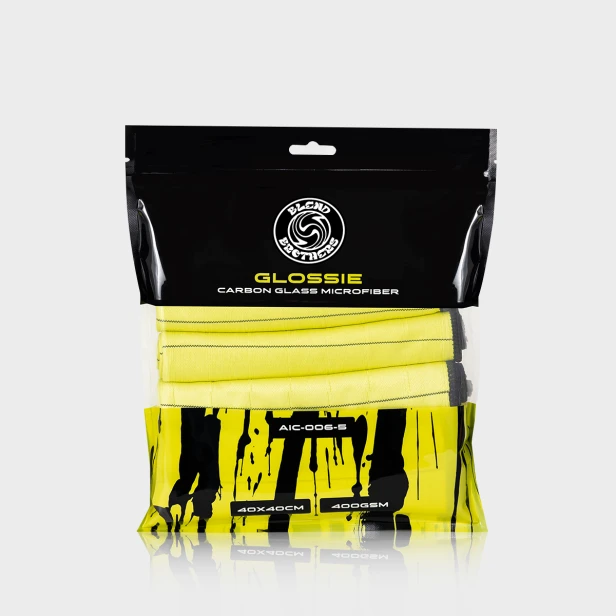 Front dużego matowego opakowania mikrofibry Glossie 5 sztuk z limonkowymi detalami serii.