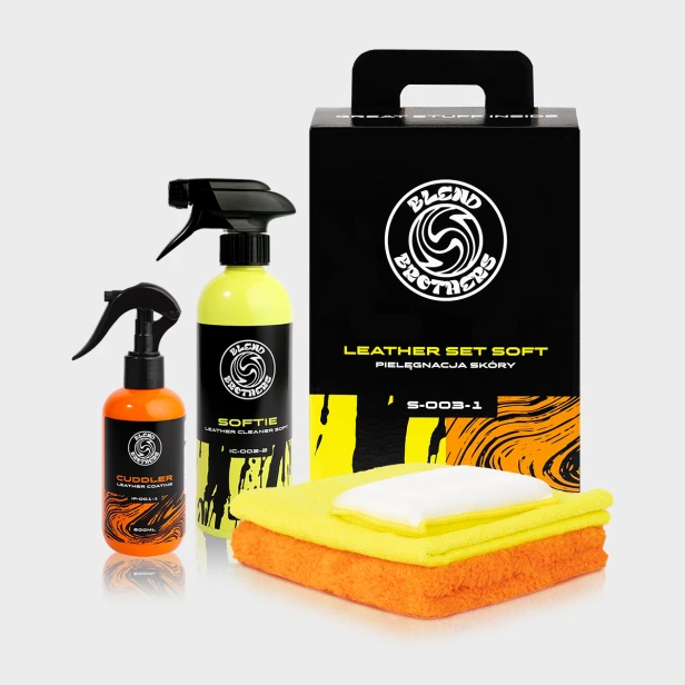 Zestaw Blend Brothers Leather Soft: pianka czyszcząca, odżywka, szczotka i mikrofibra.