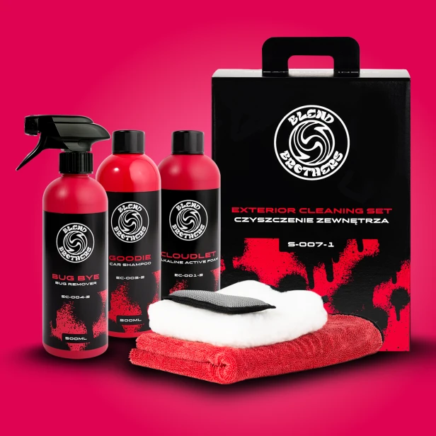 Zestaw produktów do detailingu zewnętrznego Blend Brothers na intensywnym różowo-czerwonym tle.