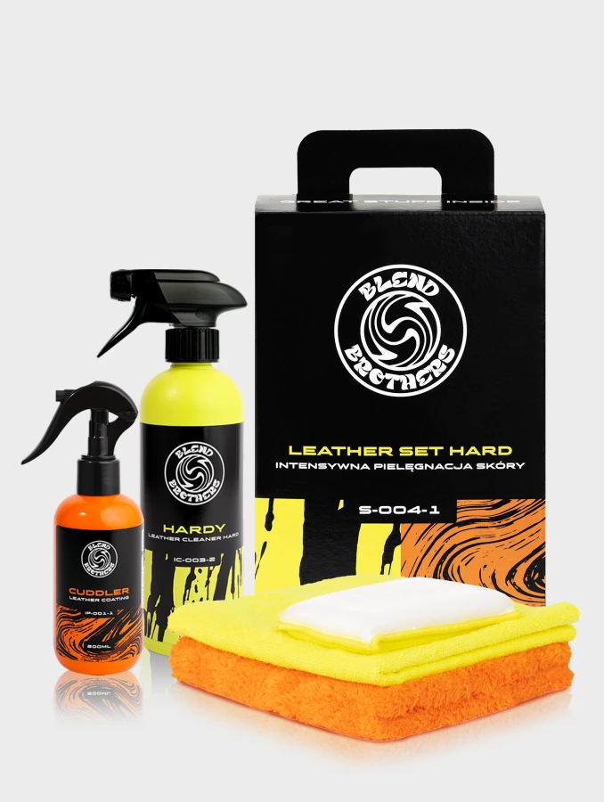 Kosmetyki samochodowe Blend Brothers do tapicerki skórzanej – grafika produktowa Leather Set Hard.