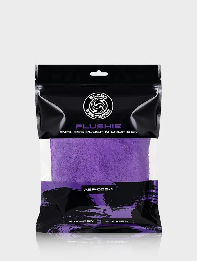 Front opakowania strunowego fioletowej mikrofibry Plushie 1 sztuka z logo Blend Brothers.