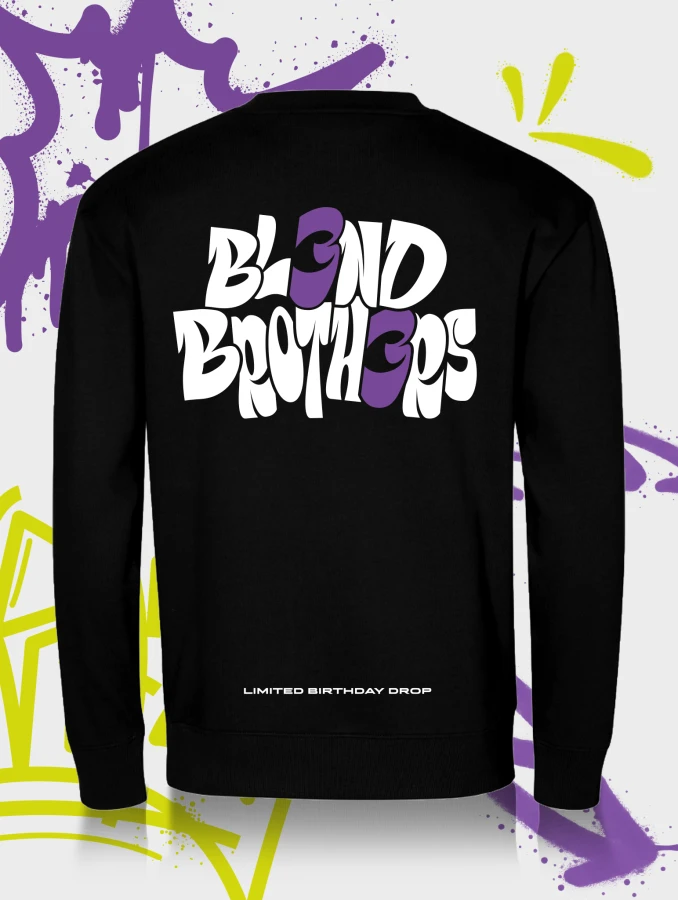 Bluza urodzinowa Blend Brothers na 3 urodziny marki. Limitowany drop. Czarna bluzaa na jasnym tle z elementami graffiti. Pokazanie bluzy z tyłu.